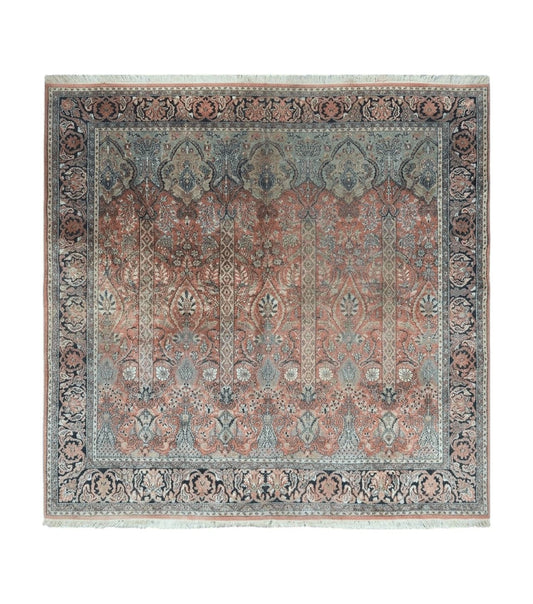 6' X 6' Vintage Handmade Fine Indian Silk Rug Kashmir Square Nice