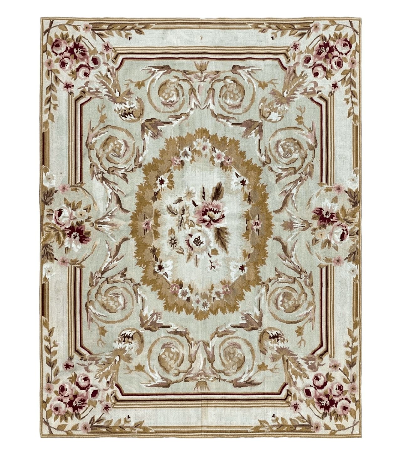 Aubusson Needlepoint Rug 4x5 ft, Beige and Tan, Aubusson Savonnerie Vintage Carpet, Handwoven Handmade Wool Rug, European Design Floral Rose