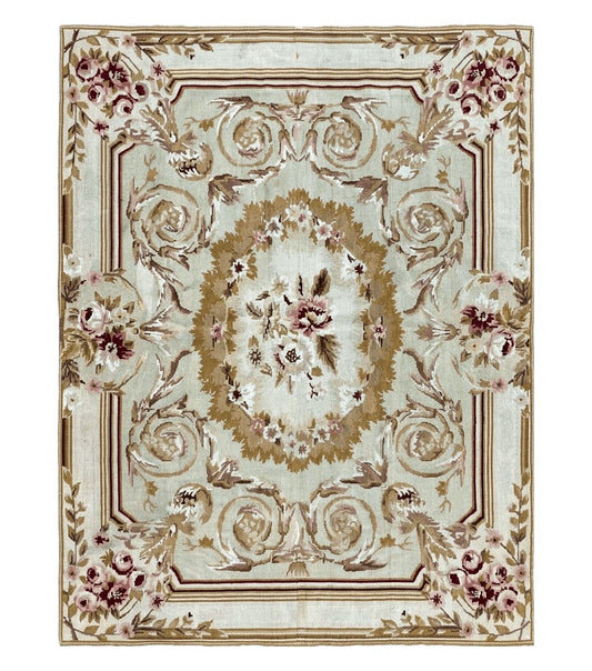 Aubusson Needlepoint Rug 4x5 ft, Beige and Tan, Aubusson Savonnerie Vintage Carpet, Handwoven Handmade Wool Rug, European Design Floral Rose