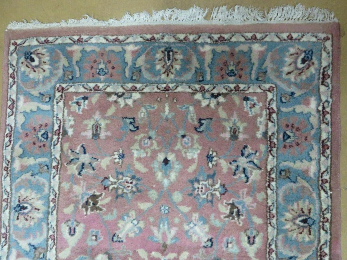 Indo Persian Runner Rug 2.8 x 12, Wool Hand Knotted, Pink and Light Blue