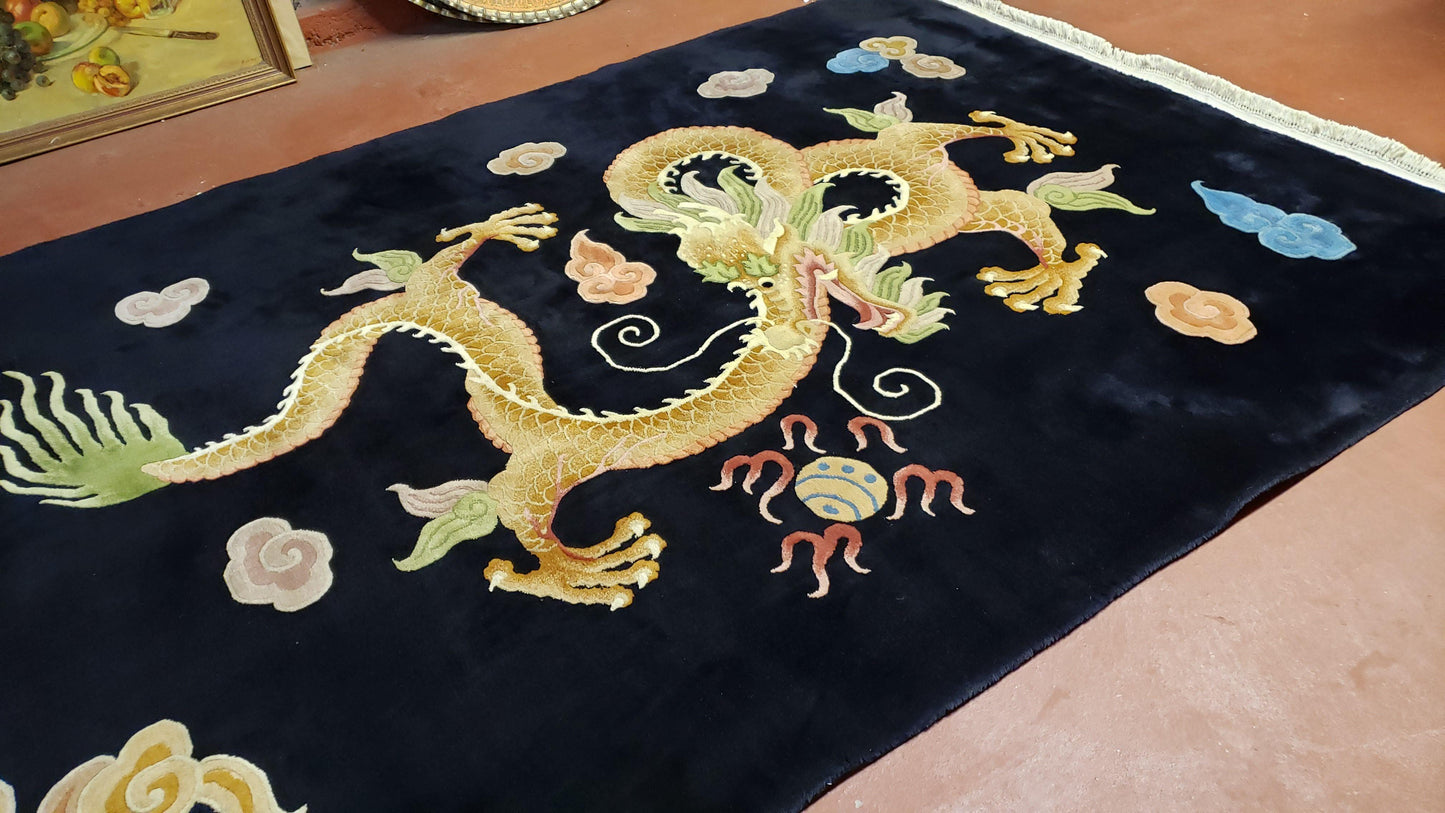Rare Antique Chinese Art Deco Rug 6x9 with Dragon, Black Chinese Carpet 6 x 9, Hand Knotted Wool Area Rug