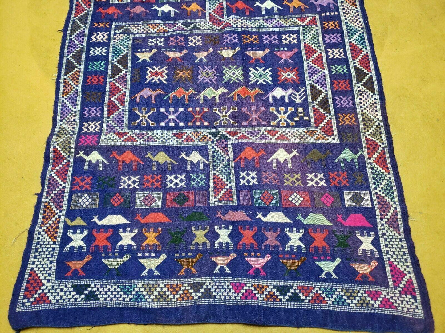 3' X 7' Vintage Handmade Indian Wool Kilim Flat weave Rug Camel Birds Blue Geometric Short Runner