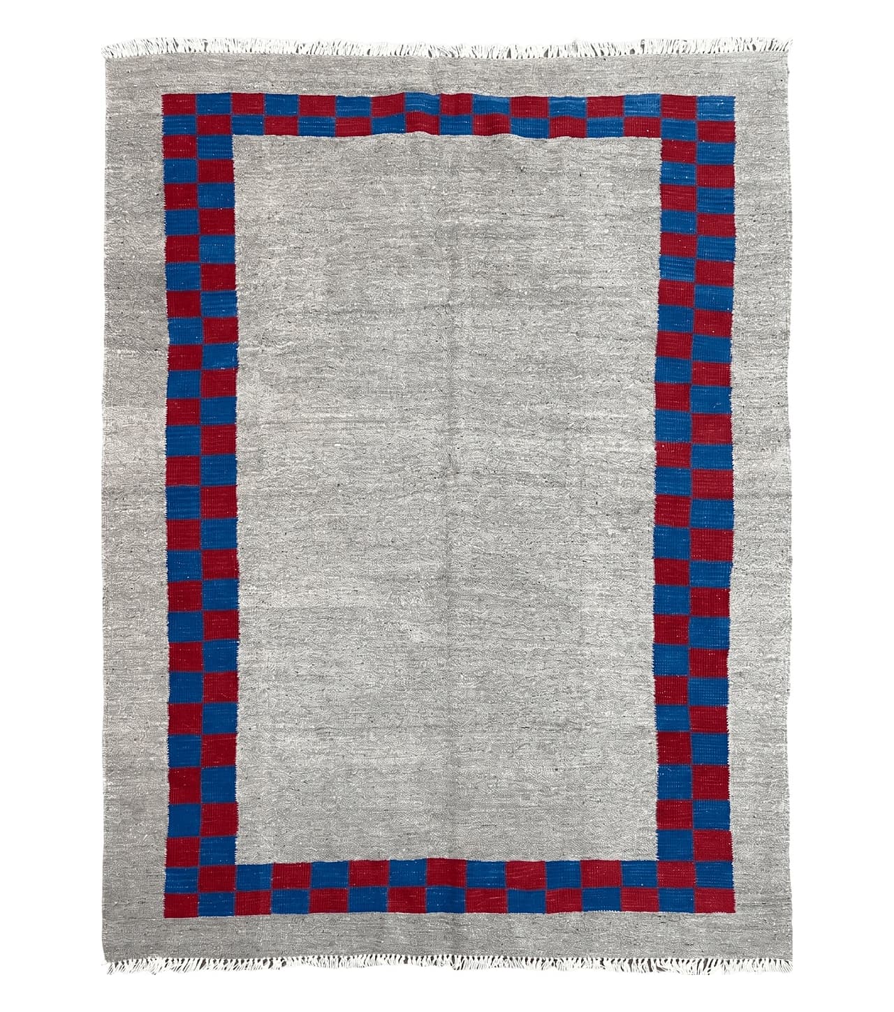 Gray Turkish Kilim Carpet 5' 7" x 7' 7", Medium Kilim Rug, Hand-Knotted, Blue & Red Border, Minimalistic Design, Geometric, Wool, New