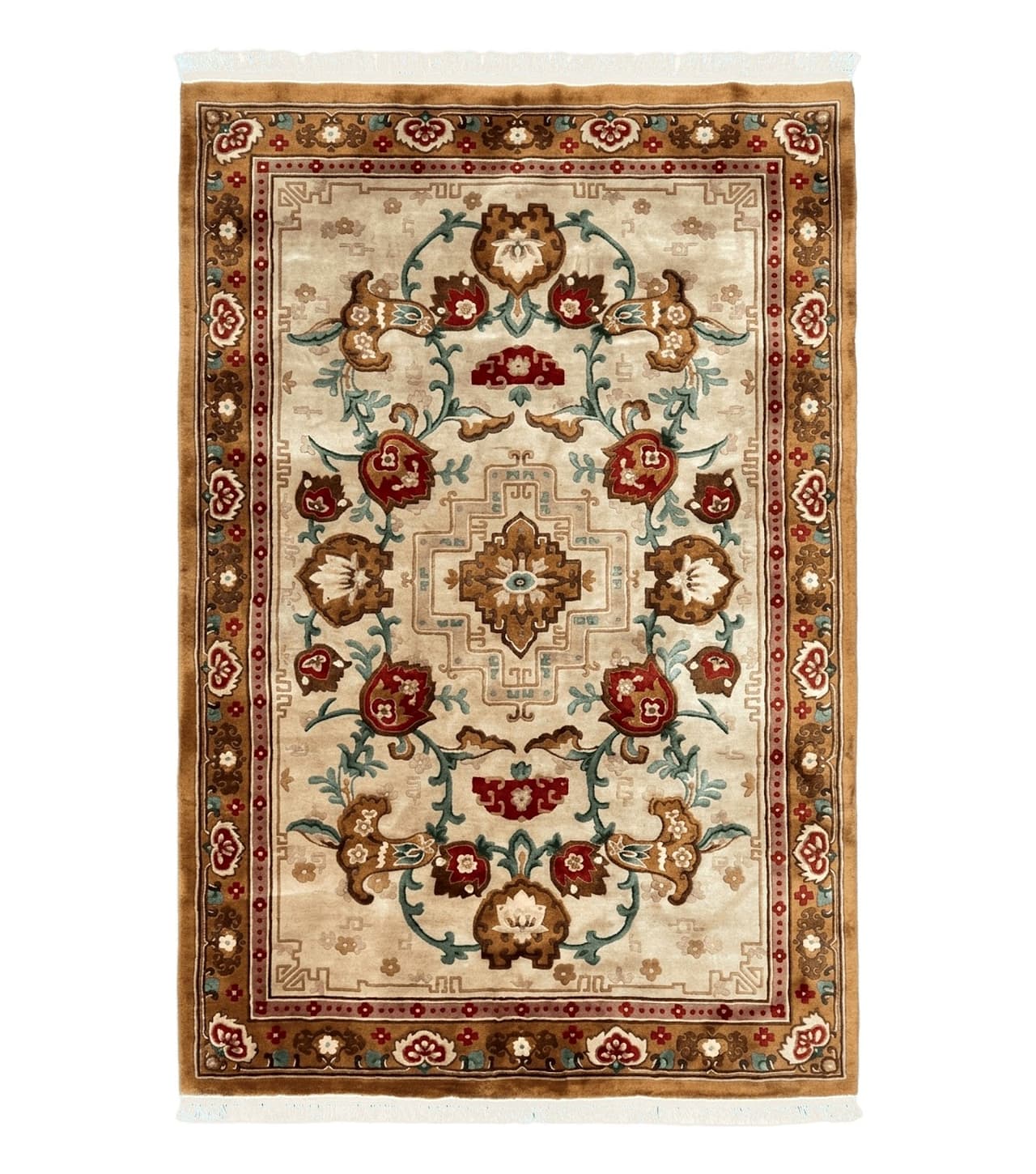 Chinese Wool Rug 5.9 x 9, Tan and Brown Asian Art Deco Carpet, Vintage 1960s Oriental Rug, Hand-Knotted Rug, Soft Wool, Medallion, Pair B