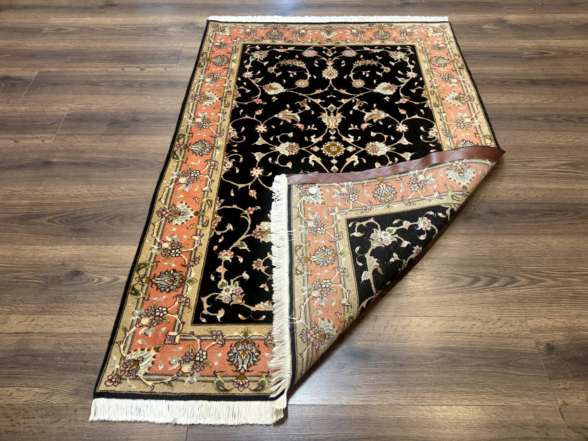 Persian Tabriz Rug 3x5 Black and Salmon Floral Fine Handmade 360 KPSI