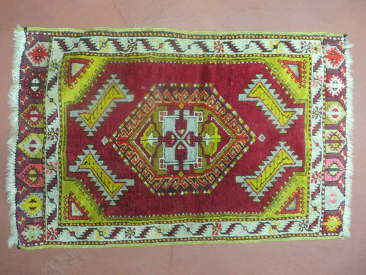 Antique Turkish Yastik Rug 2x3, Handmade Wool Oushak Small Oriental Carpet Red