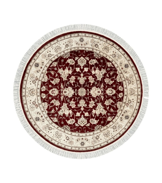 Sino Persian Round Rug 4x4, Wool Hand Knotted Oriental Carpet, Maroon & Ivory Vintage Rug, Floral Rug, Traditional Rug 4 x 4, Fine Rug