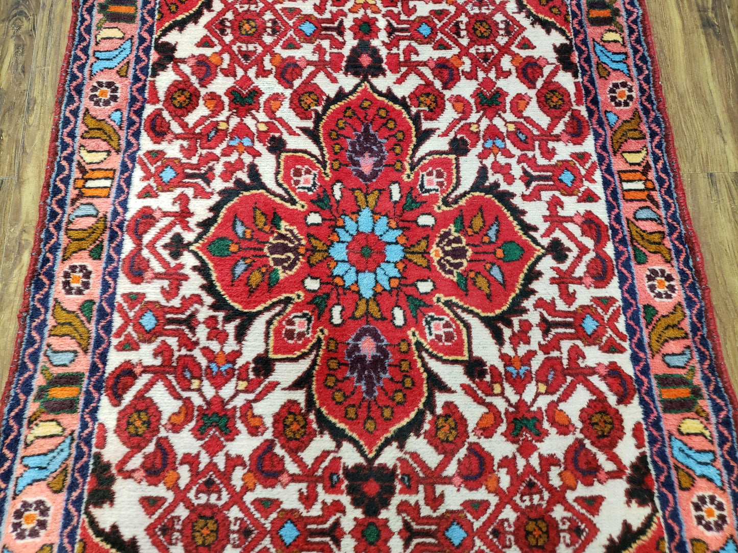 3' 2' X 5' 1" Handmade Floral Wool Rug Red Beige /Ivory