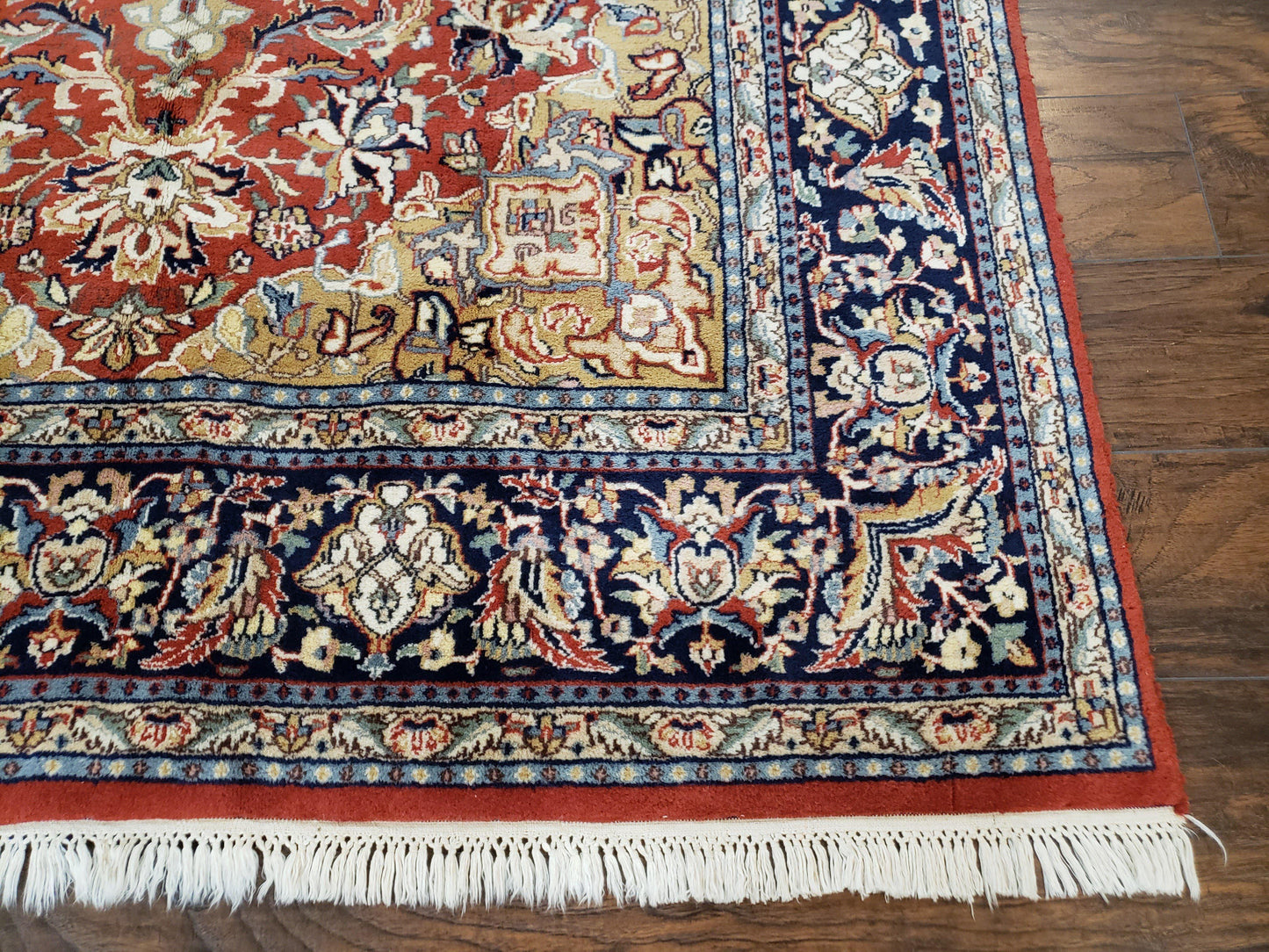 Vintage Indo Persian Oriental Rug 6 x 9.6, Wool Hand-Knotted Red Dark Blue & Gold Indian Carpet, 6 x 9 Office Room Rug, Floral Medallion