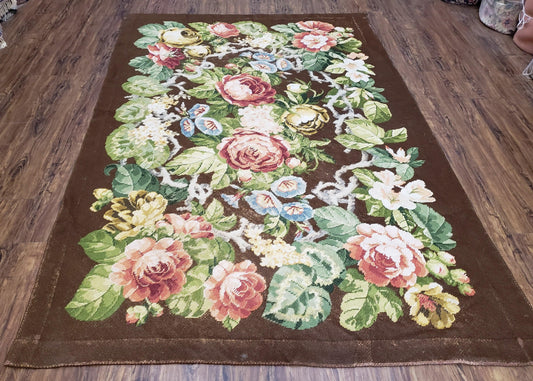 Floral Needlepoint Rug, Medium Rug, Vintage Area Rug, Handmade Flat Weave Rug, Dark Brown Rug, Multicolor Large Colorful Flowers, 6x8