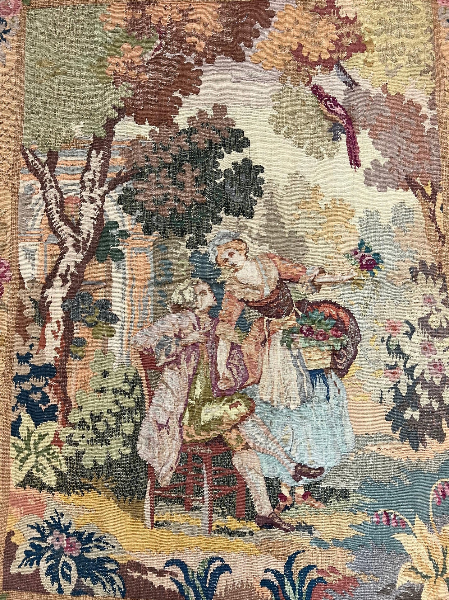 Antique Tapestry 3x4, European French Tapestry, Hand Loomed Victorian Tapestry, Vintage Wool Tapestry 3 x 4 ft