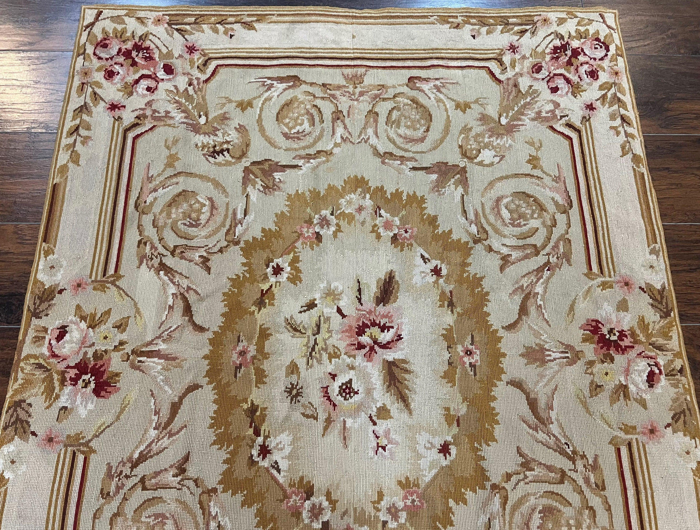 Aubusson Needlepoint Rug 4x5 ft, Beige and Tan, Aubusson Savonnerie Vintage Carpet, Handwoven Handmade Wool Rug, European Design Floral Rose