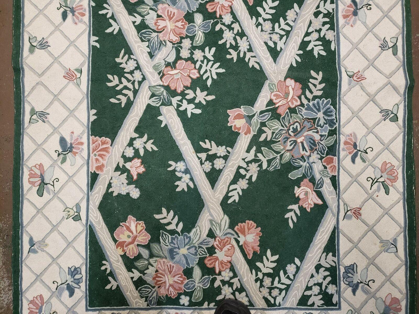 3' 6" X 5' 6" Hand Stitched Indian Wool Rug with Backing Green Beige