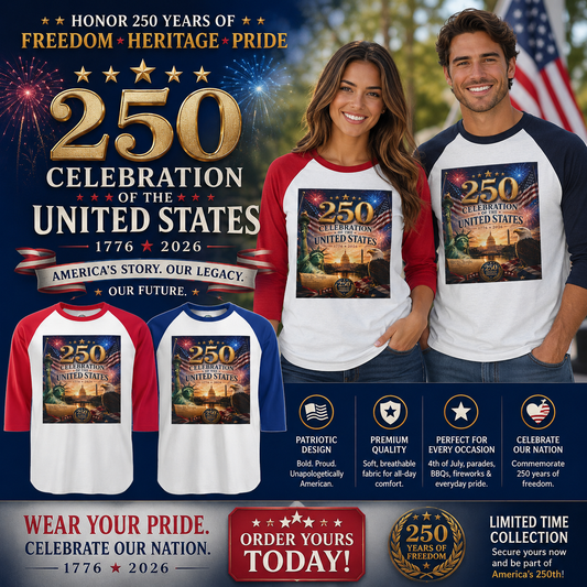 250th United States Celebration Raglan Shirt — Liberty Fireworks Anniversary Tee