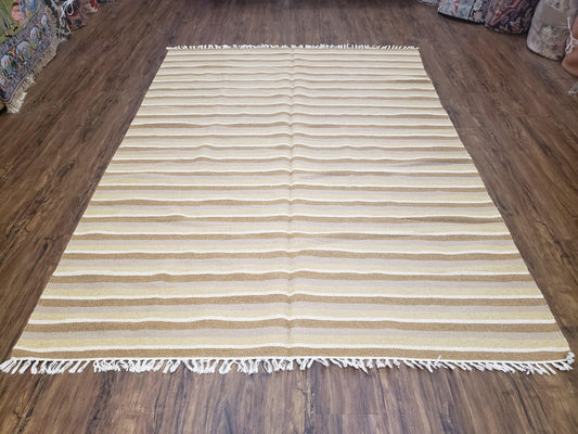 New Indian Striped Blanket, Multicolor Earthern Tones Kilim Rug, Wool Handmade South American Style Blanket, Queen Sized Bedspread 5x8 - 6x8