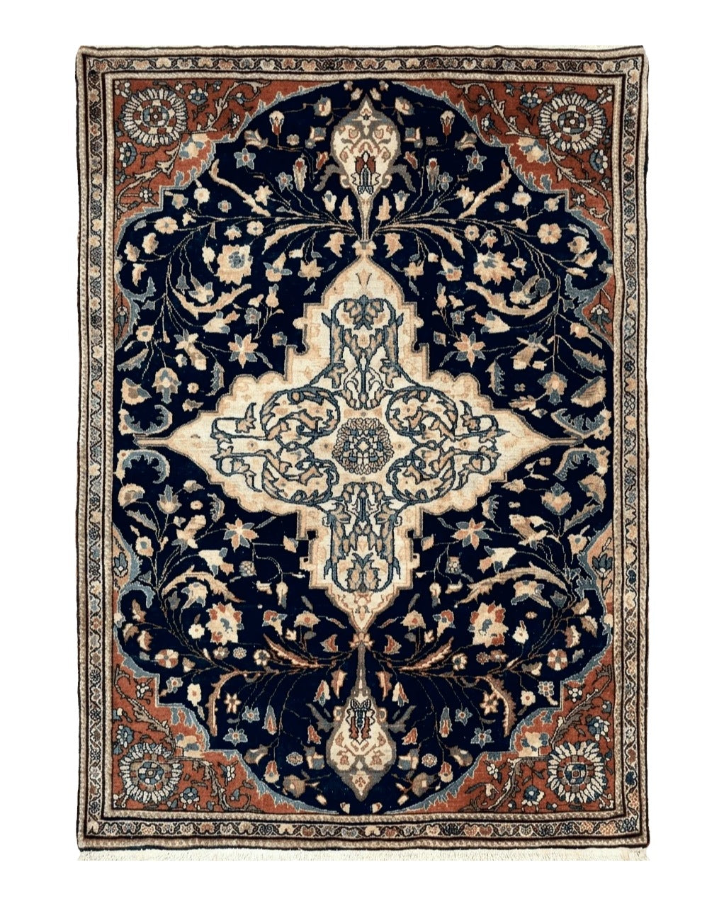 Antique Persian Rug 3.5 x 5, Sarouk Farahan Rug, High Quality 1920s Fine Oriental Carpet 3 x 5 ft, Large Medallion, Floral, Navy Blue Red, Hand Knotted Wool Rug