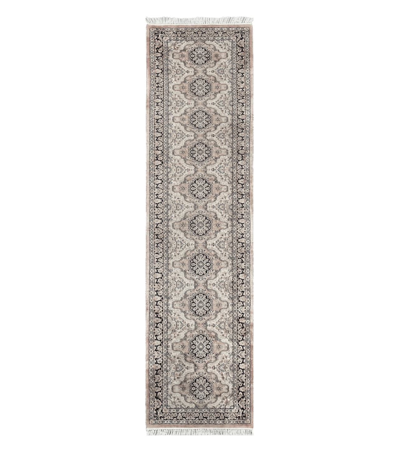 Silk Kashmiri Runner 2.7 x 10 ft Vintage Rug, Ivory Pastel Pink, Hand-Knotted Vintage Runner, Hallway Carpet, Indian Rug Medallion Runner