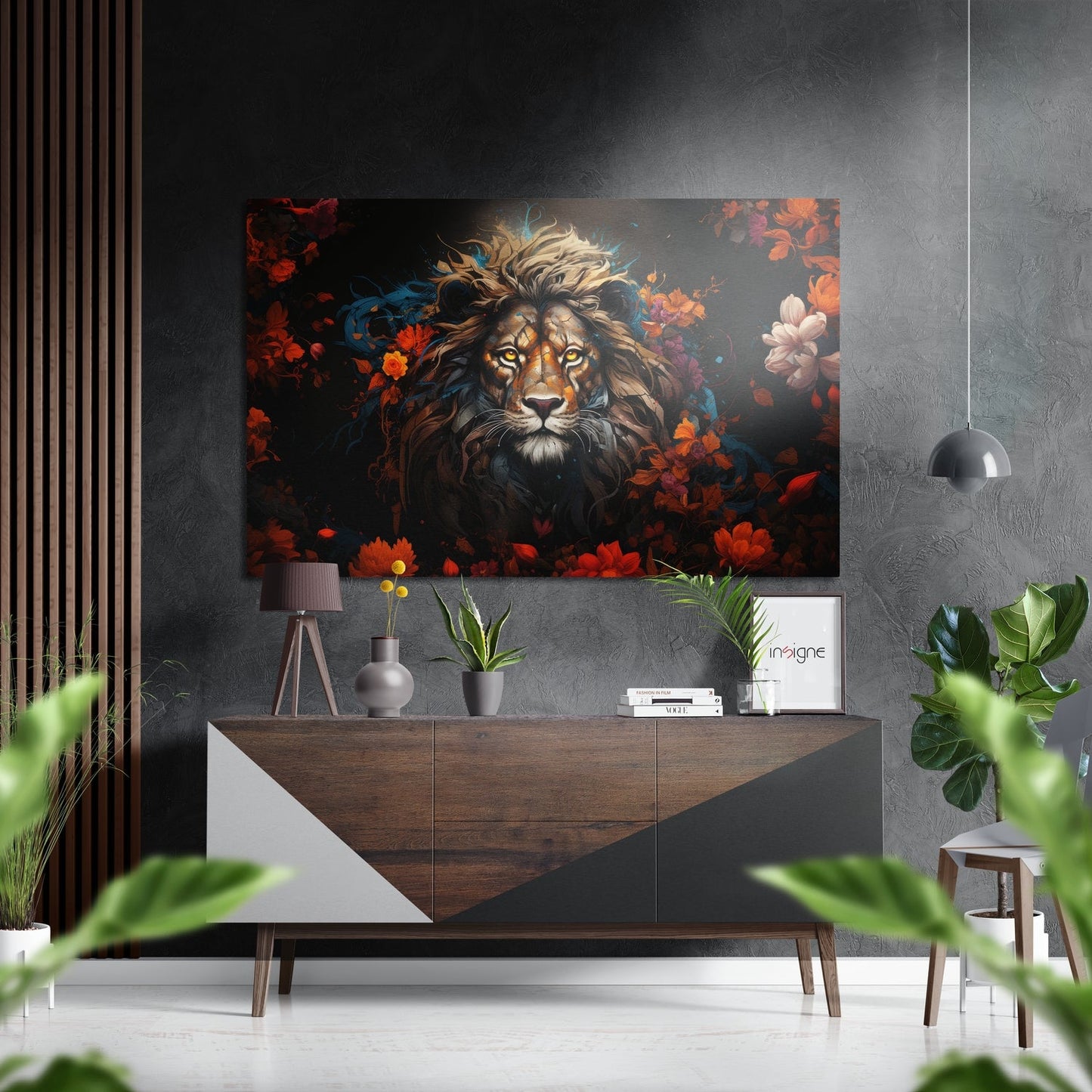 Lion in Flowers Brushed Aluminum Dibond Wall Art