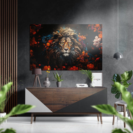 Lion in Flowers Brushed Aluminum Dibond Wall Art