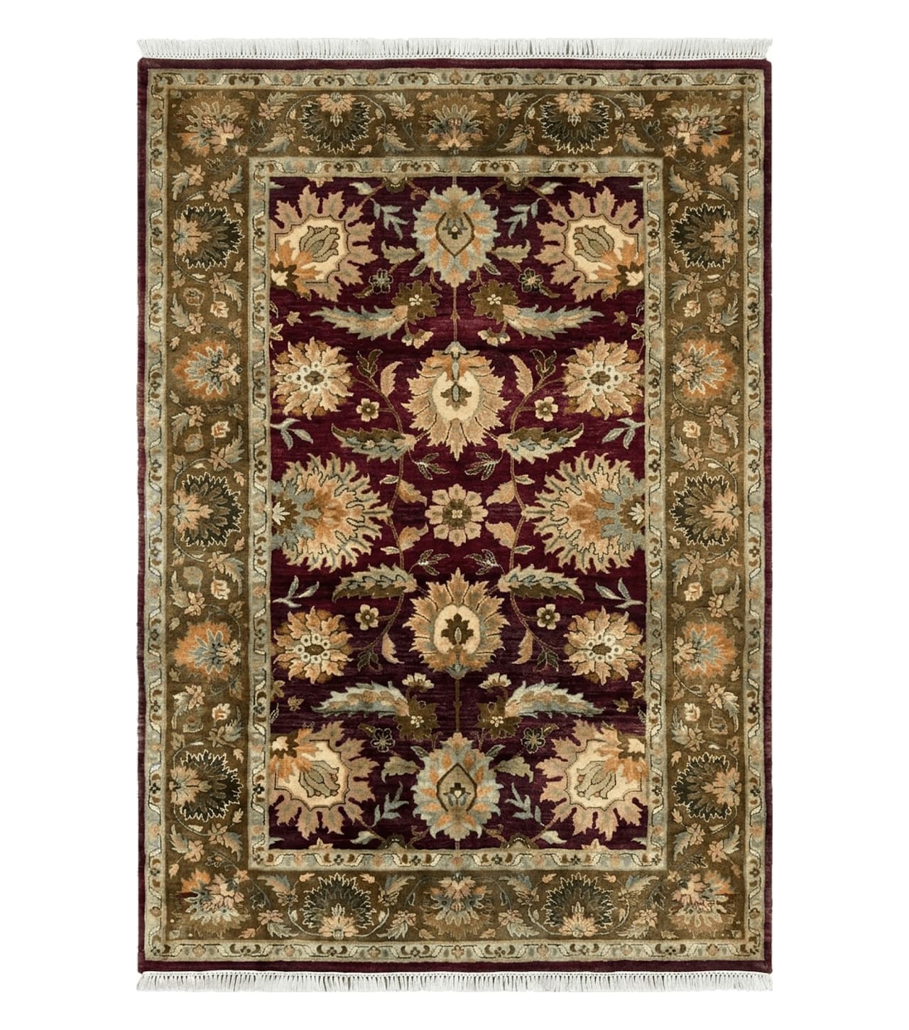 Indo Mahal Rug 6x9, Large Flowers Allover, Maroon and Green, Handmade Wool Area Rug, Vintage Rug, Indian Oriental Carpet, Hand Knotted Rug