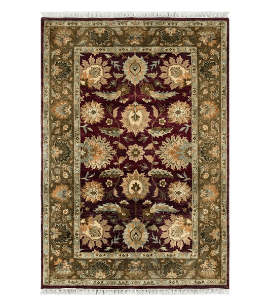 Indo Mahal Rug 6x9, Large Flowers Allover, Maroon and Green, Handmade Wool Area Rug, Vintage Rug, Indian Oriental Carpet, Hand Knotted Rug