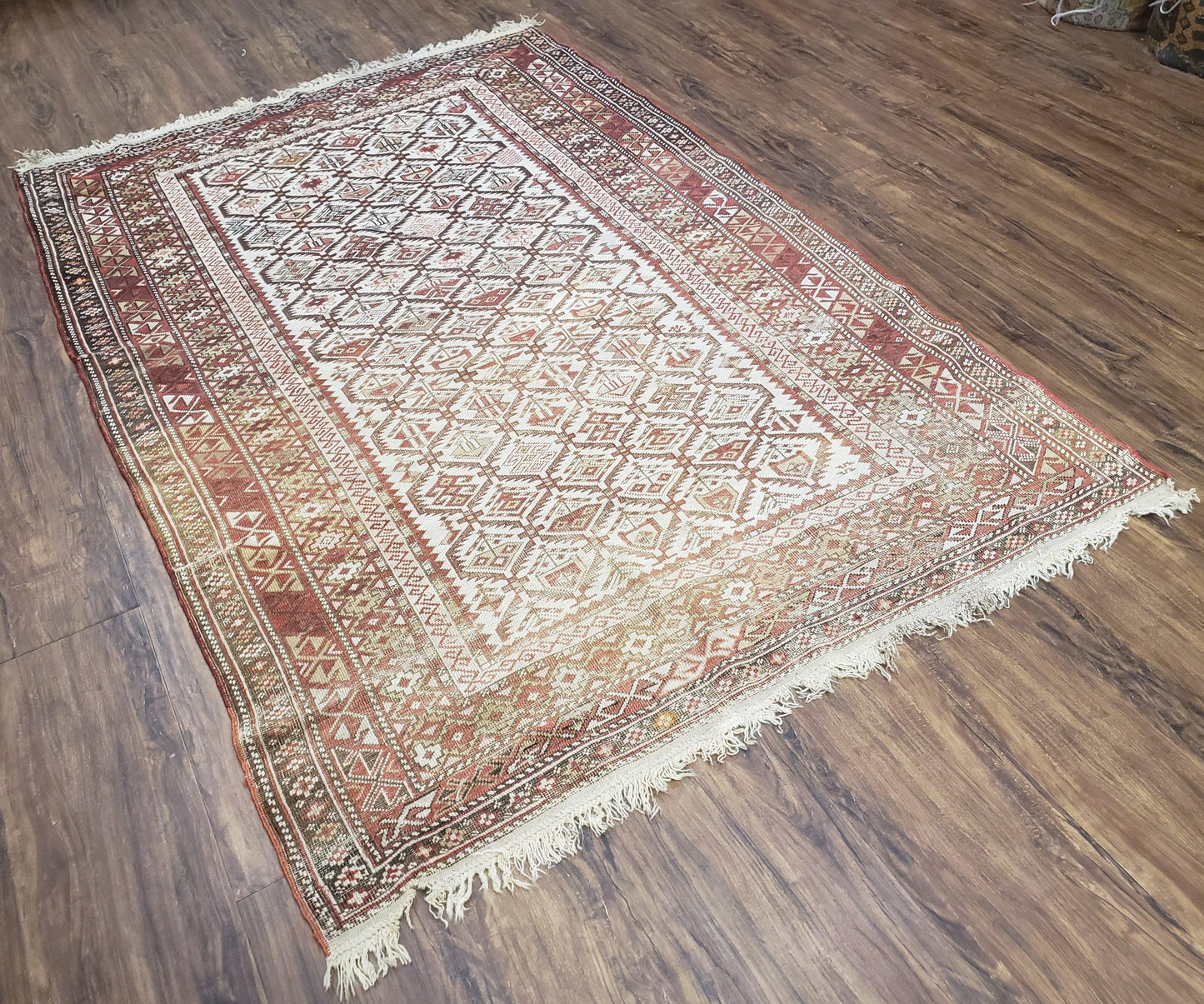 Antique Caucasian Shirvan Rug 4x6, Dagestan Area Rug, Wool Hand-Knotted Soft Red & Ivory 1920s Oriental Carpet, Soft Muted Colors