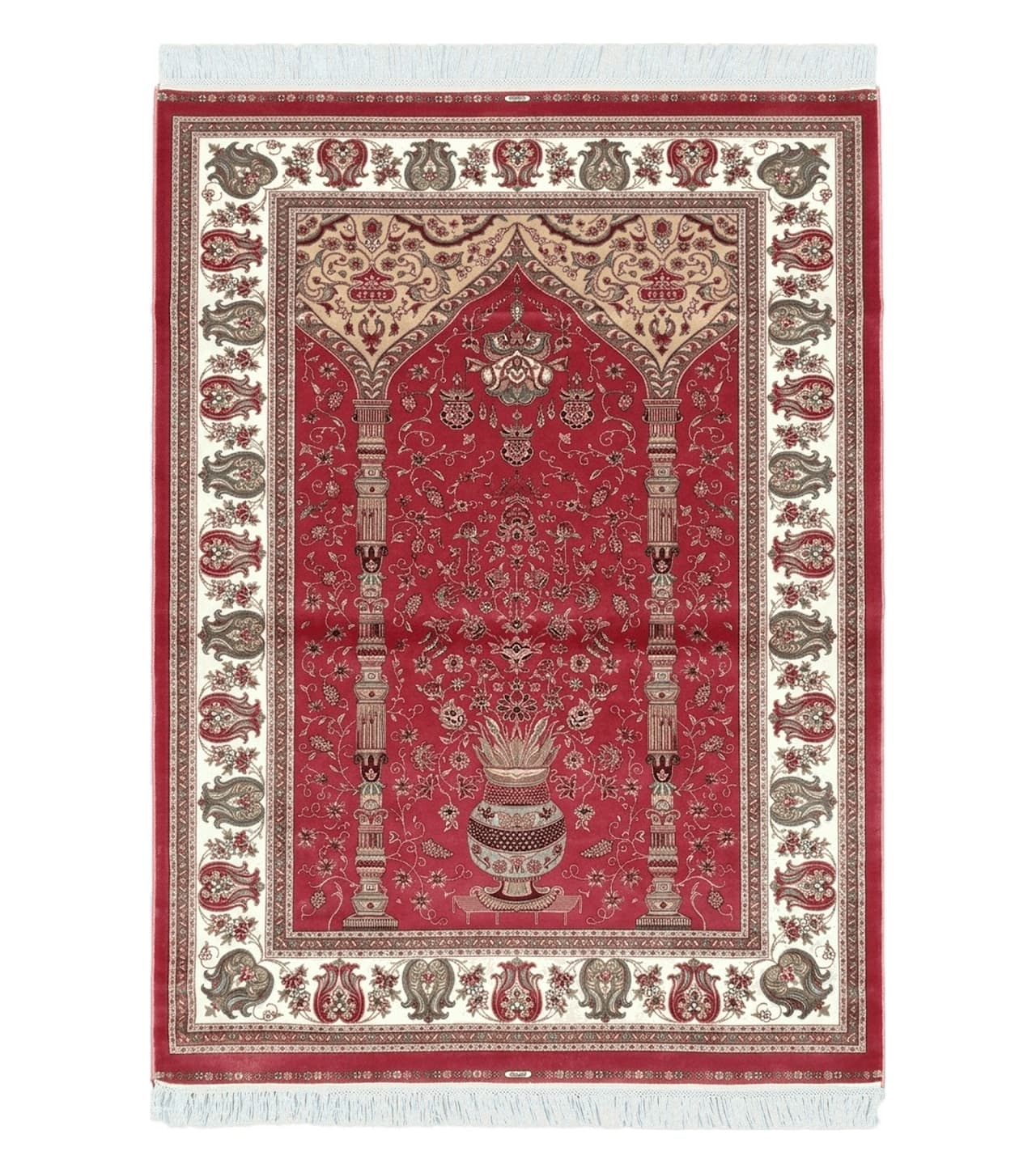 4 x 6 Silk Carpet Red, Traditional Oriental Rug 4x6, Flower Vase Columns, Turkish Rug New, High Quality, Bamboo Silk, Area Rug