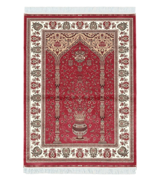 4 x 6 Silk Carpet Red, Traditional Oriental Rug 4x6, Flower Vase Columns, Turkish Rug New, High Quality, Bamboo Silk, Area Rug