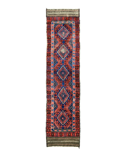 Turkoman Runner Rug 2 x 8.6, Skinny Runner, Handmade Wool Carpet for Hallway, Red and Blue, Wool, Vintage 8ft Runner