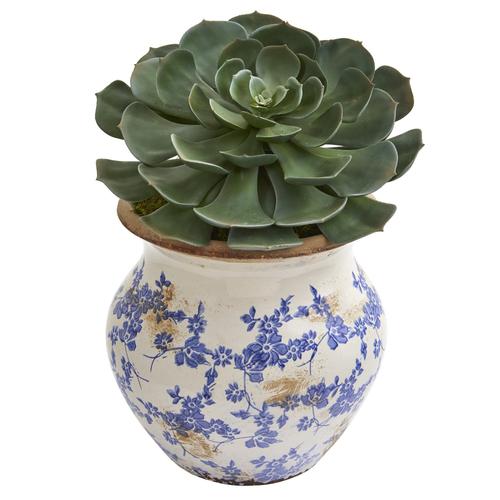 12" Echeveria Succulent Pick Artificial Plant in Vintage Floral Planter