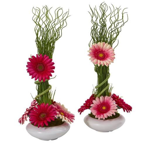 18" Gerber Daisy and Grass Artificial Arrangement in White Vase (Set of 2)