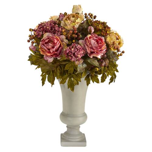 28" Peony Artificial Arrangement in Sand Colored Urn