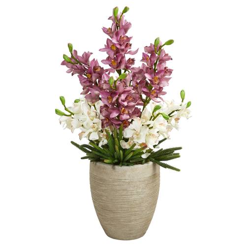 32" Cymbidium Orchid and Cactus Succulent Artificial Arrangement in Sand Colored Vase
