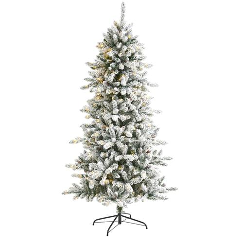 6'Flocked Livingston Fir Artificial Christmas Tree with Pine Cones and 300 Clear Warm LED Lights