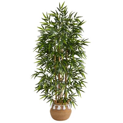 64" Bamboo Artificial Tree with Natural Bamboo Trunks in Boho Chic Handmade Natural Cotton Woven Planter with Tassels