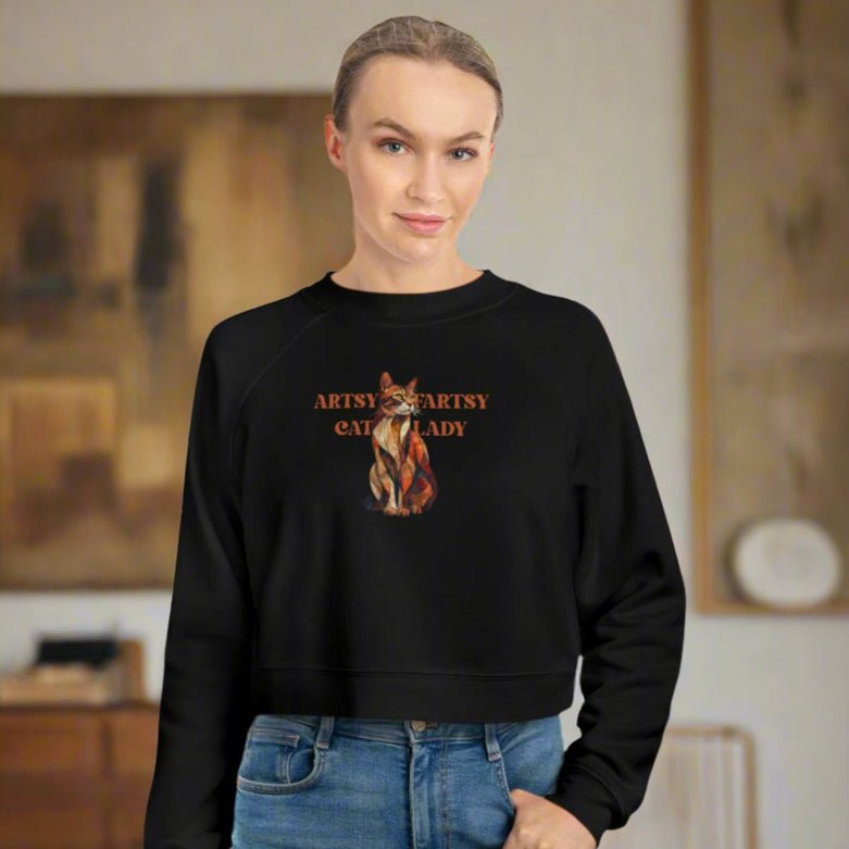 Artsy Fartsy Cat Lady Cropped Pullover - Fun & Comfy Fleece Apparel