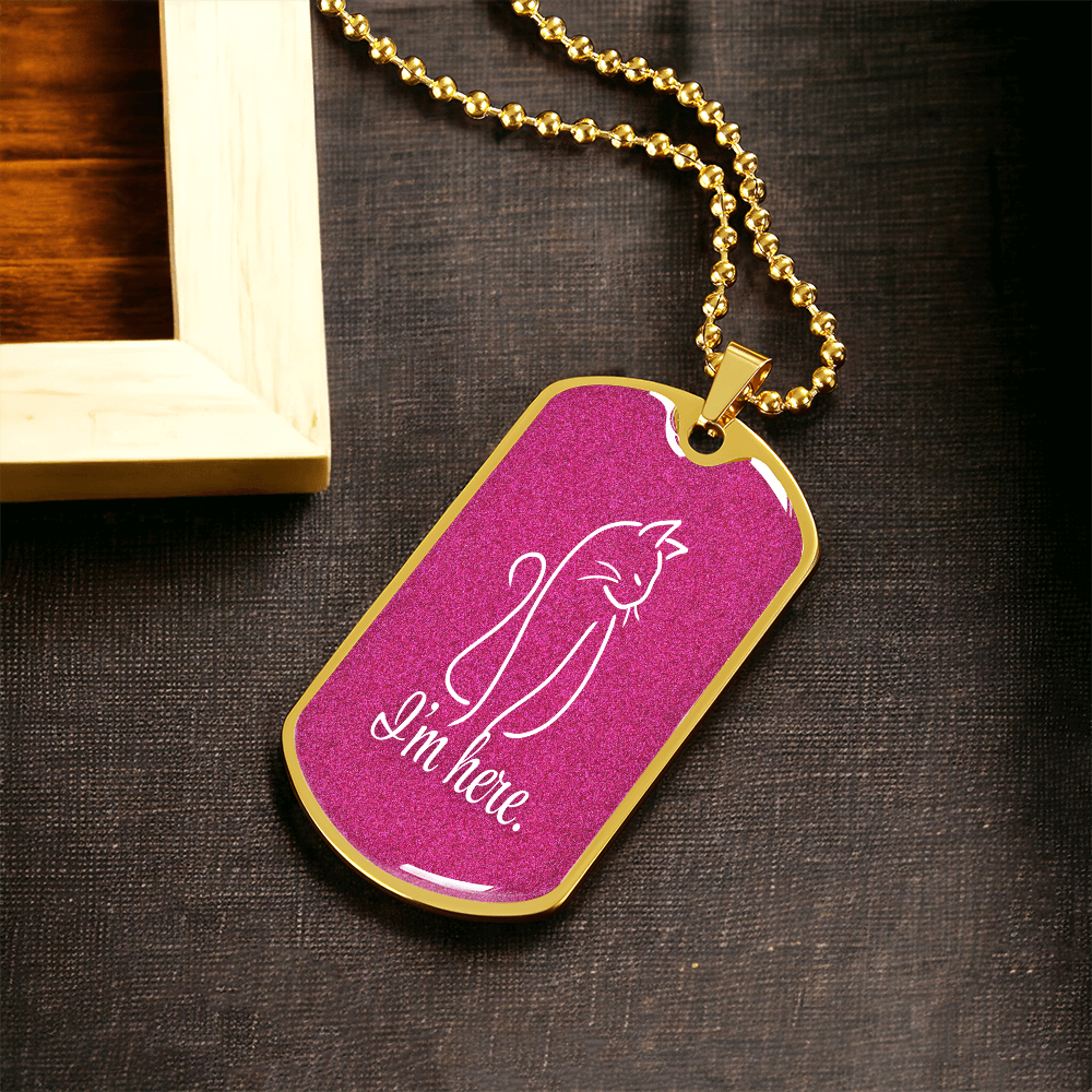 “I'm Here” Cat Line Art Dog Tag Necklace – Silver or Gold Finish