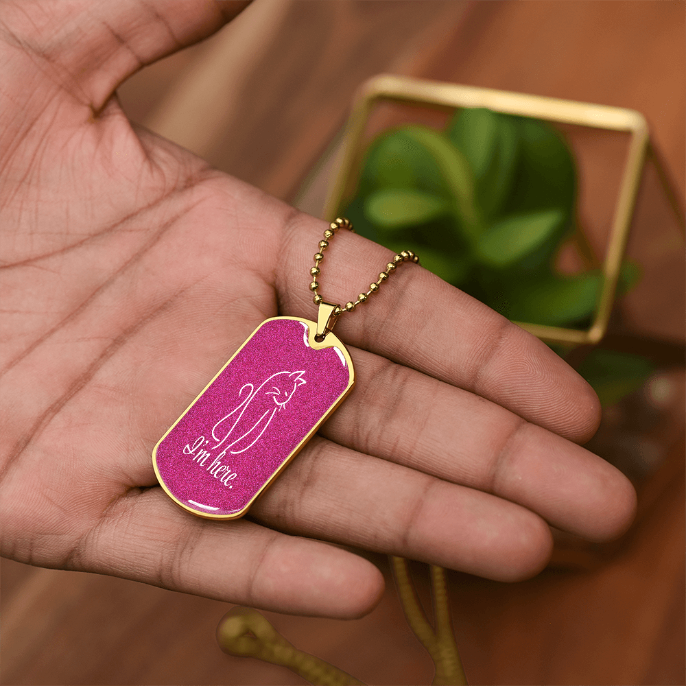 “I'm Here” Cat Line Art Dog Tag Necklace – Silver or Gold Finish