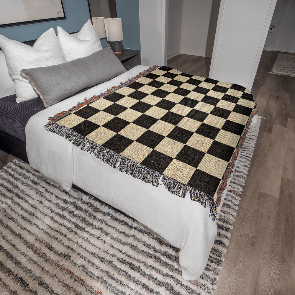 Checked Feline Woven Blanket – Gold & Black Cat Outline Throw