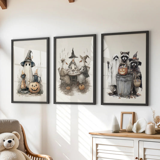 Halloween Set of 3 Wall Art. Ghost, Witch, Animals, Pumpkins