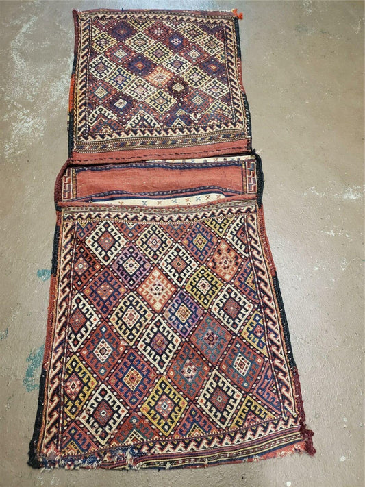 26" X 56" Antique Handmade Authentic Tribal Wool Rug Double Bag Tobreh