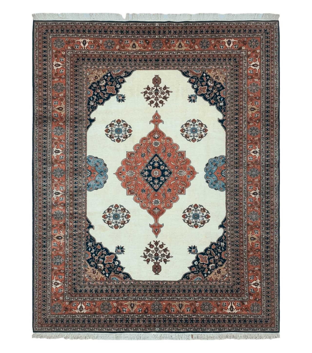 Indo Persian Rug 9x12, Semi Open Field Medallion, Ivory Tomato Red Navy Blue, Hand Knotted Indian Oriental Wool Carpet 9 x 12 ft, Room Sized