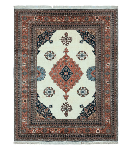 Indo Persian Rug 9x12, Semi Open Field Medallion, Ivory Tomato Red Navy Blue, Hand Knotted Indian Oriental Wool Carpet 9 x 12 ft, Room Sized