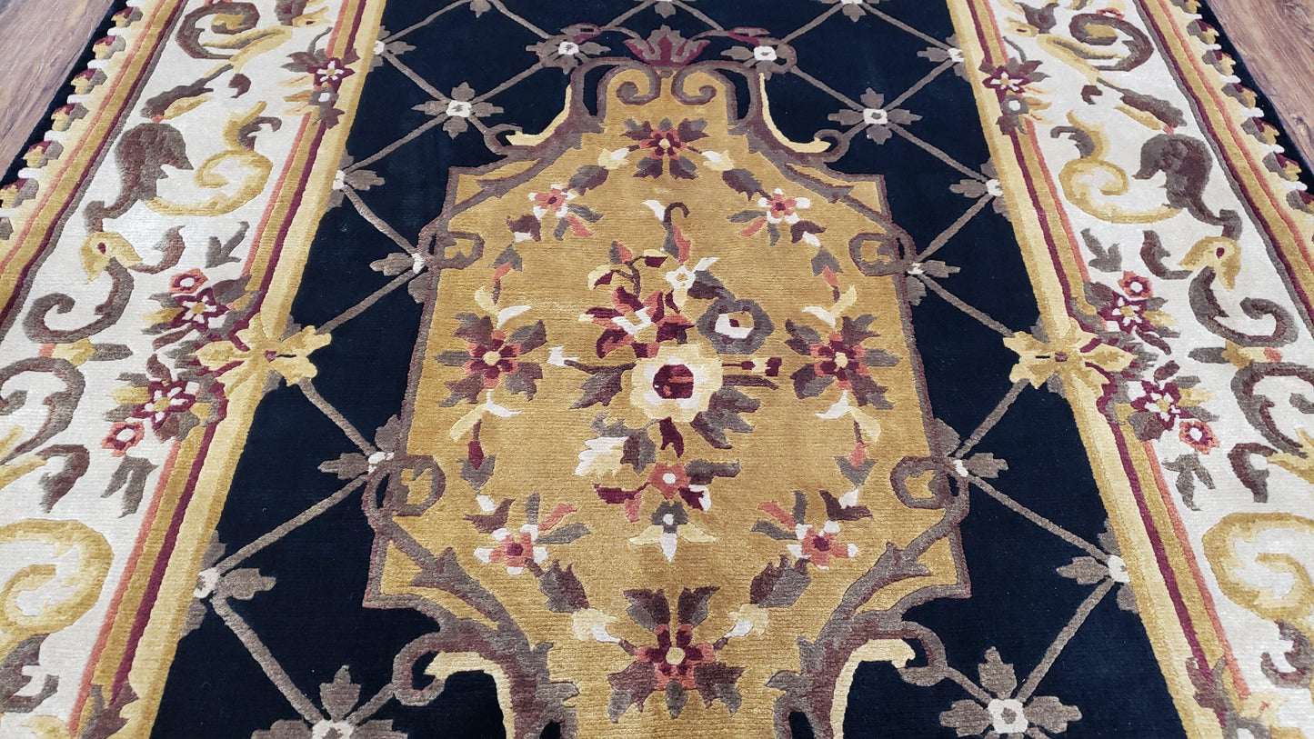 Nepal Rug 6x9, Nepalese Aubusson Area Rug 6 x 9, Hand-Knotted Wool Soft Pile Black & Beige Tibetan Aubusson New Carpet European Savonnerie