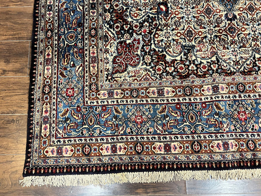 Persian Mashad Rug 7x10, Floral Medallion, Wool Hand Knotted Vintage Oriental Carpet, Blue & Ivory, Traditional Room Sized Rug