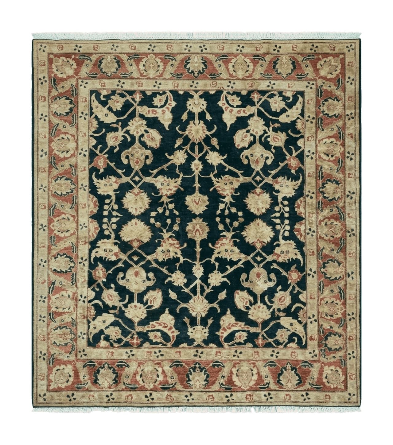 8' X 9' Handmade Pakistan Wool Cotton Rug Peshawar Black Floral Nice # 200C