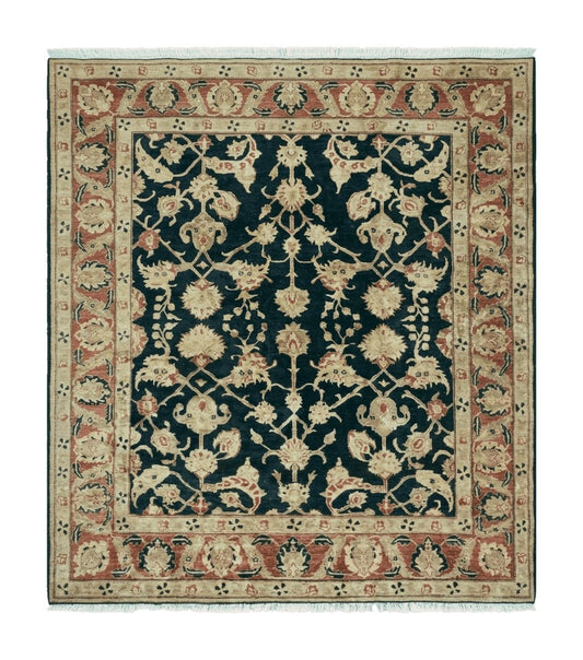 8' X 9' Handmade Pakistan Wool Cotton Rug Peshawar Black Floral Nice # 200C