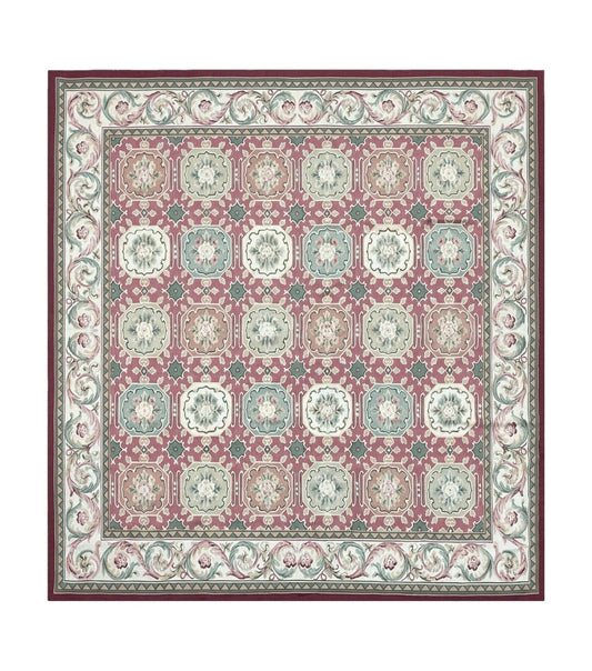 Square Aubusson Rug 9x9, Panel Design, European French English Carpet, Wool