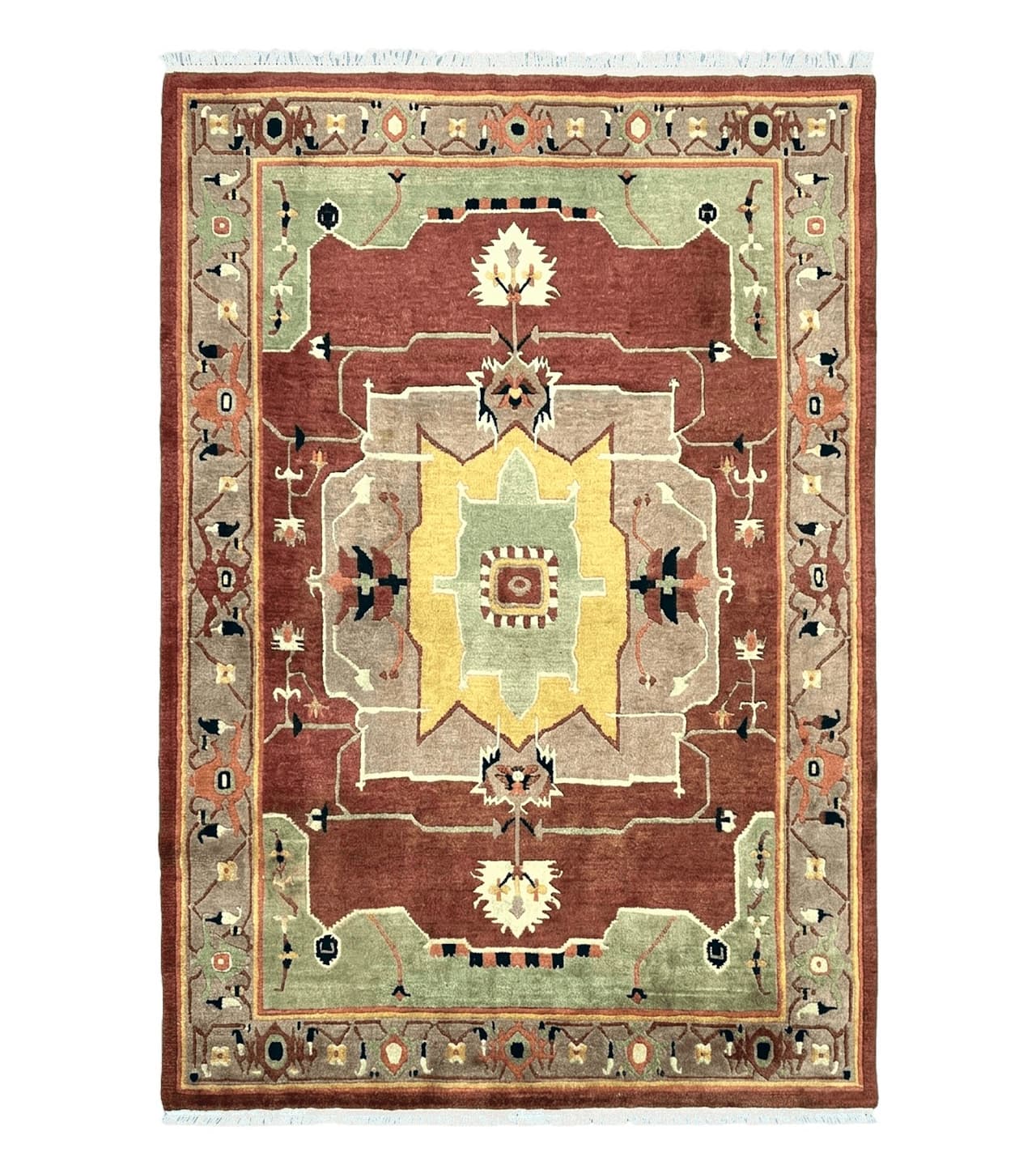 Tibetan Rug 7x10, Geometric Medallion, Red Green Taupe, Hand Knotted, Soft Wool Area Rug, Contemporary Carpet, Handmade Nepali Rug 7 x 10 ft