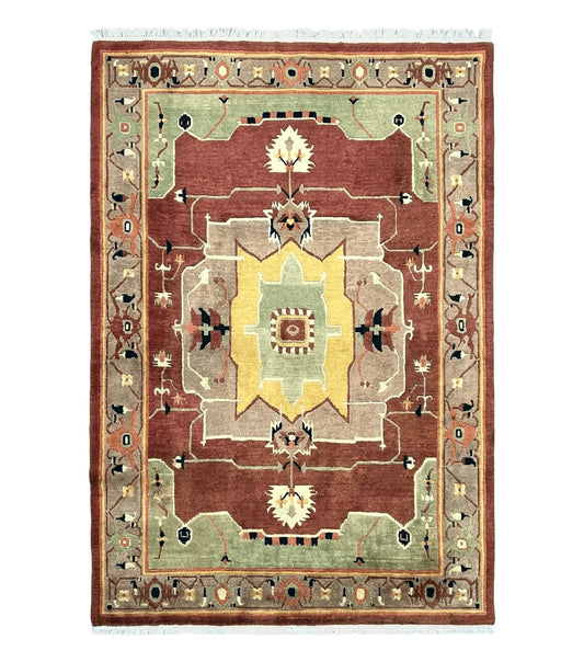 Tibetan Rug 7x10, Geometric Medallion, Red Green Taupe, Hand Knotted, Soft Wool Area Rug, Contemporary Carpet, Handmade Nepali Rug 7 x 10 ft